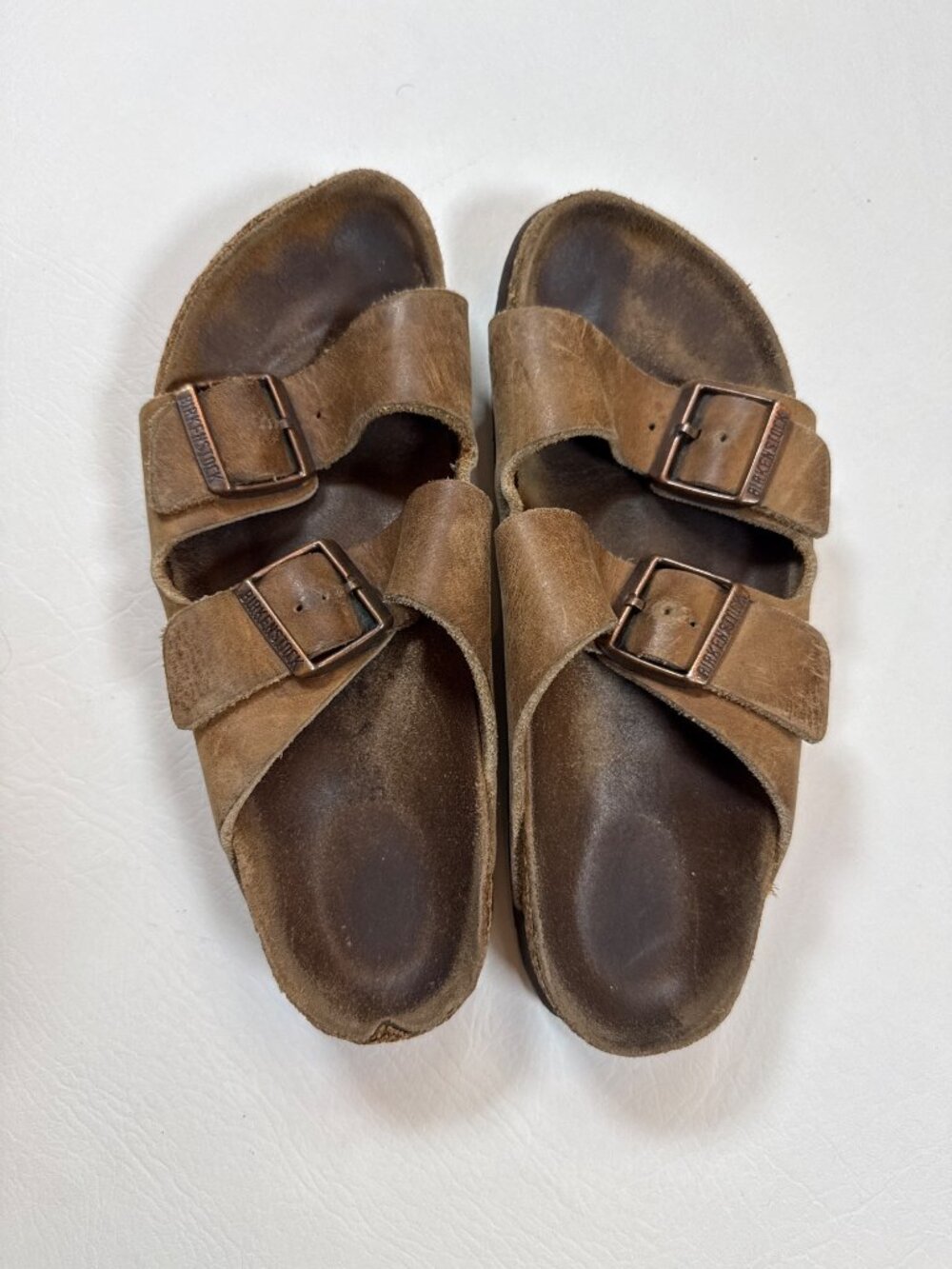 Birkenstock women’s 38 Soft Footbed Leather Sandals Brown Dual Strap